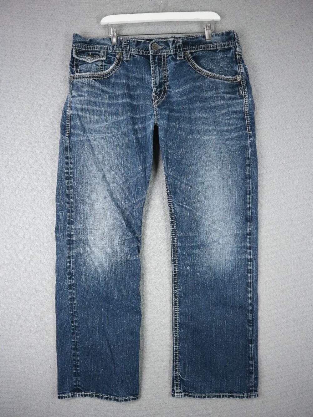 Silver Jeans Co Gordie Jeans Mens 36x32 Dark Wash Denim Whiskers Faded